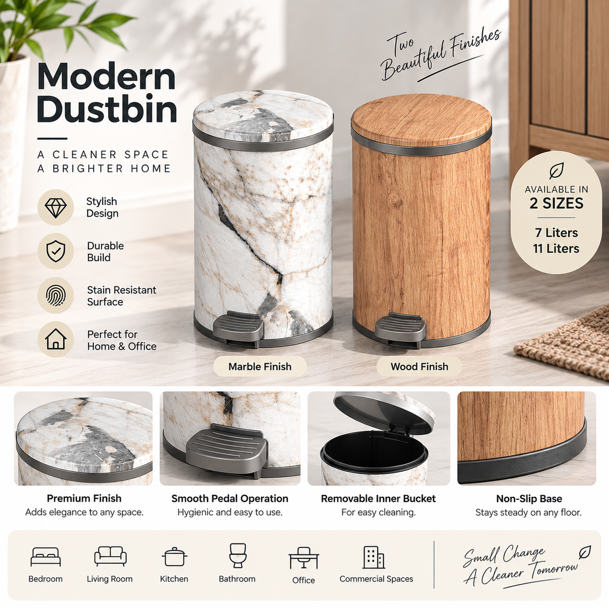 Premium Marble/Wood Design Pedal Dustbin (7L & 11L)