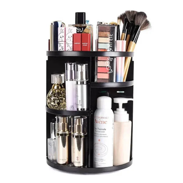 360° Rotating Cosmetic Organizer – Black Makeup Storage Box for Skincare & Beauty Essentials