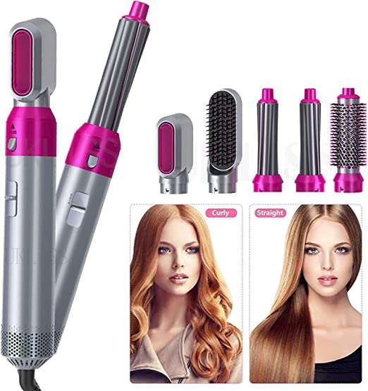 5 in 1 Hair Dryer Brush – Electric Blow Dryer, Straightener & Curling Wand Kit with Detachable Brushes (Random Color)