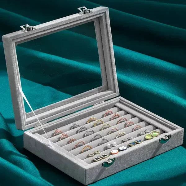 Velvet Jewelry Organizer Box with Glass Cover – Display & Storage for Rings, Earrings, Bracelets