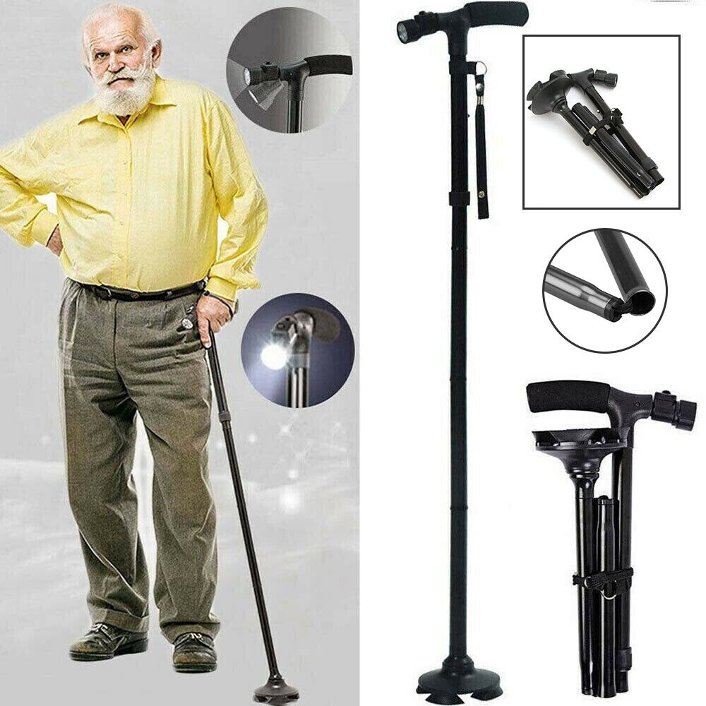 Portable Folding Walking Stick with Led Light & Aluminium Handle For Adults or old Peoples Black
