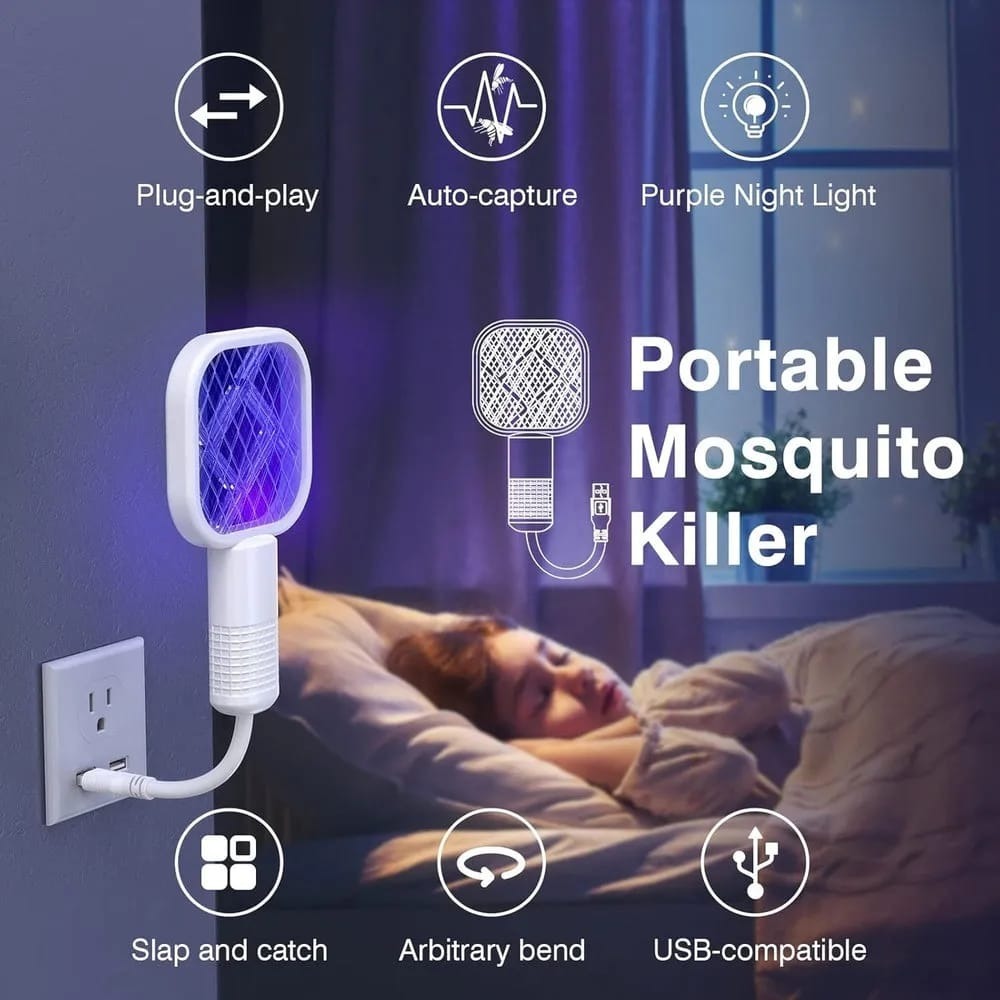 Mini USB Rechargeable Mosquito Racket with UV Light – Portable Electric Bug Zapper & Fly Swatter for Indoor/Outdoor Use, Home, Office, Travel & Camping