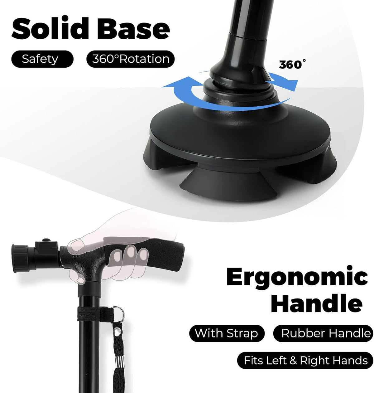 Portable Folding Walking Stick with Led Light & Aluminium Handle For Adults or old Peoples Black