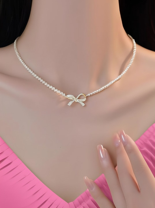 PQT-992 Bow Shape Pearl Pendant Necklace – Elegant Women’s Jewelry in Silver & Gold Finish