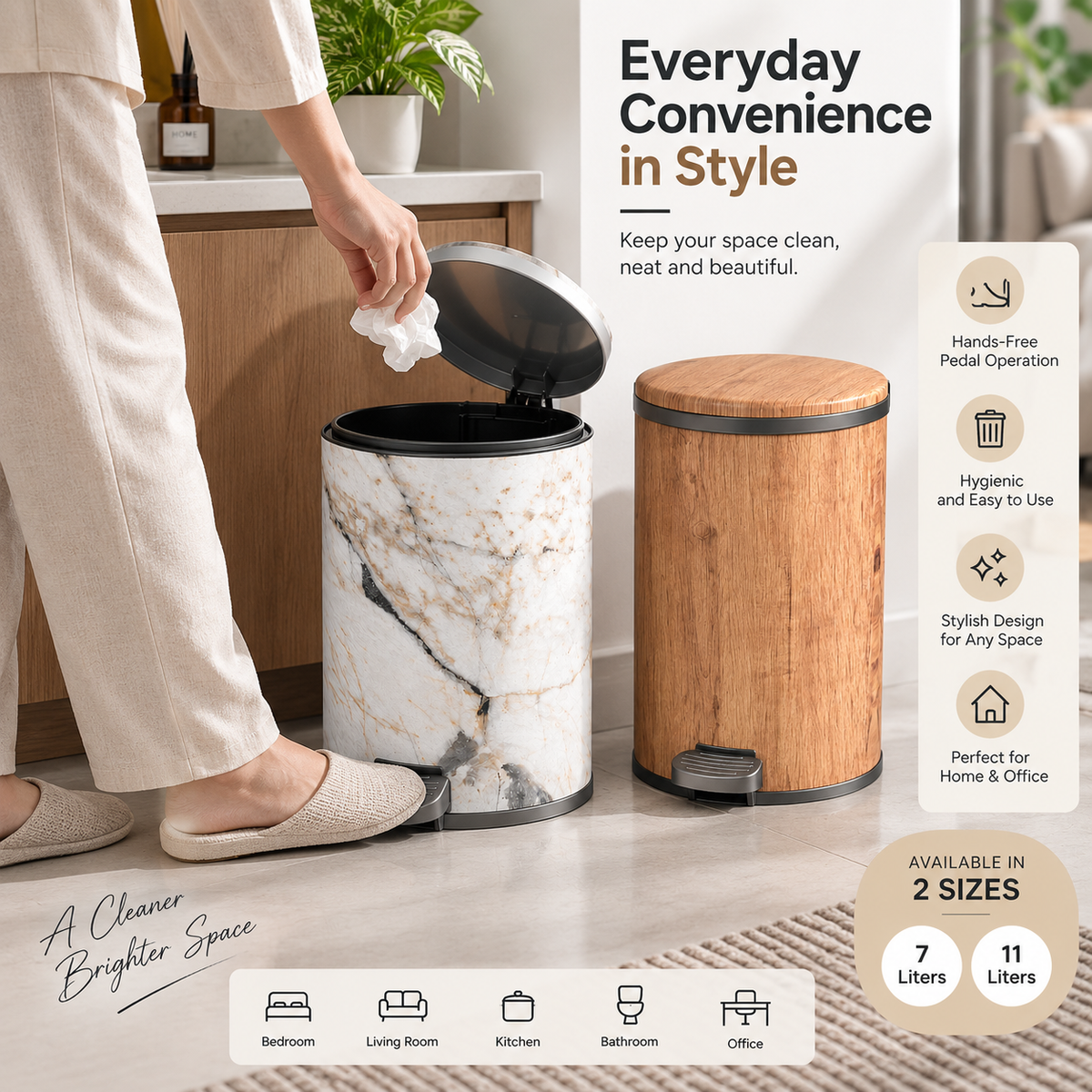 Premium Marble/Wood Design Pedal Dustbin (7L & 11L)