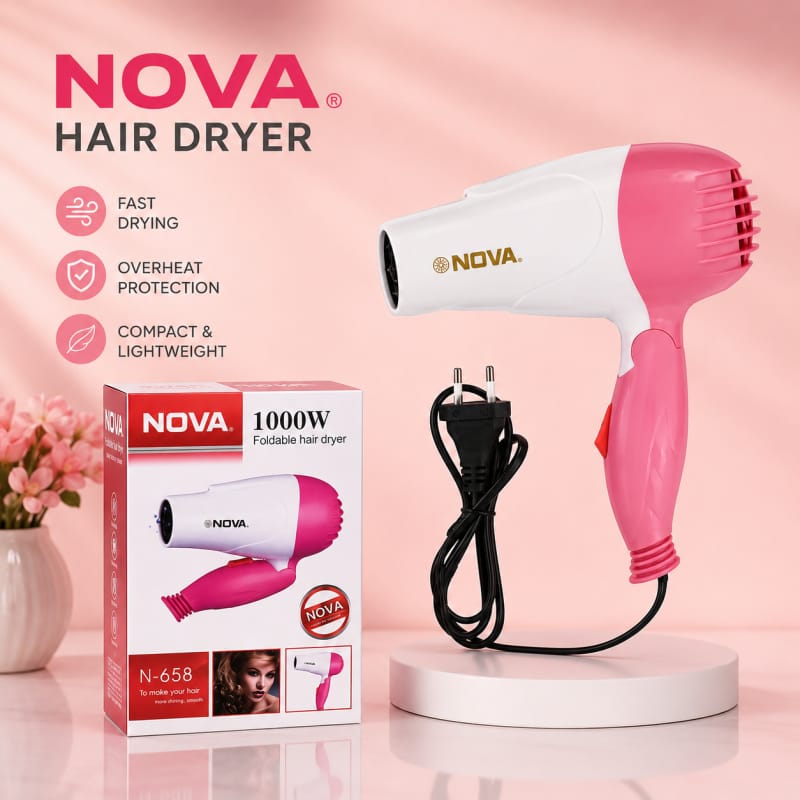 Nova NV-1290 1000W Portable Foldable Mini Hair Dryer – Compact Travel Styling Tool