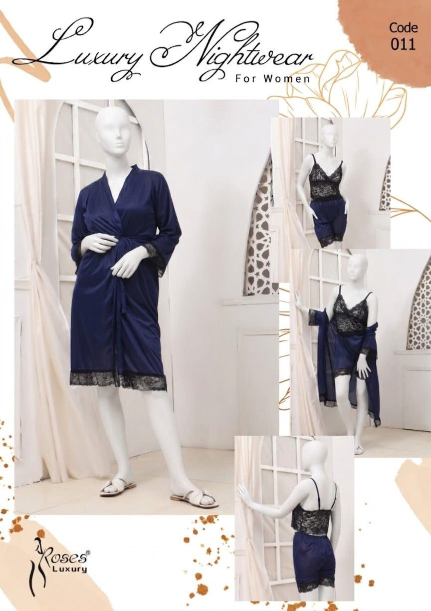 Women's Luxury Silk Nightwear Set with Black Lace – 3 Piece Robe & Slip Dress SKU R-011 Free Size