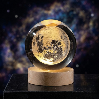 3D Crystal Ball Moon Night Light – Laser-Engraved Glass Sphere with Warm LED Wooden Base (Moon Shape Only)