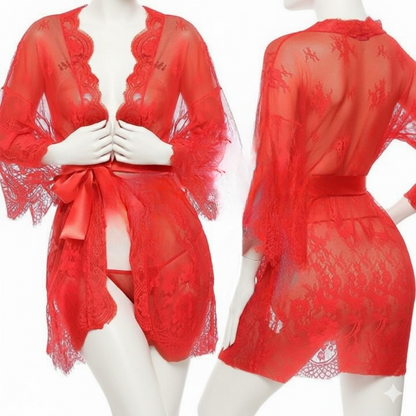 Single Pcs Women’s Net Transparent Sheer Lace Robe Gown – Long Sleeve Free-Size Nightwear With Satin Belt For Elegant And Stylish Comfort (DC-1051)