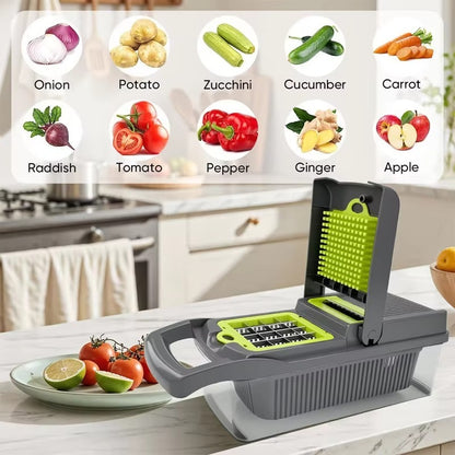 Vegetable Chopper 16 Pcs Set – Manual Onion Chopper, Food Slicer, Dicer, Grater & Potato Cutter with Handle – Multi-Function Kitchen Tool