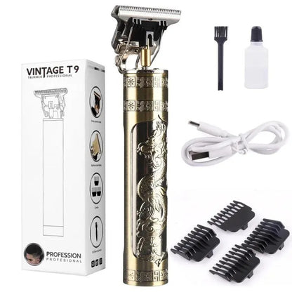 Vintage T9 Metal Body Hair Trimmer for Men – USB Rechargeable Professional Hair Clipper | Precision Beard, Hair & Detailing Grooming Tool