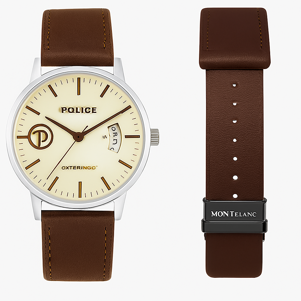 Police Watch – Elegant Design with Date Display | Rose Gold or Silver Case | Leather Strap | Quartz Movement | Water Resistant