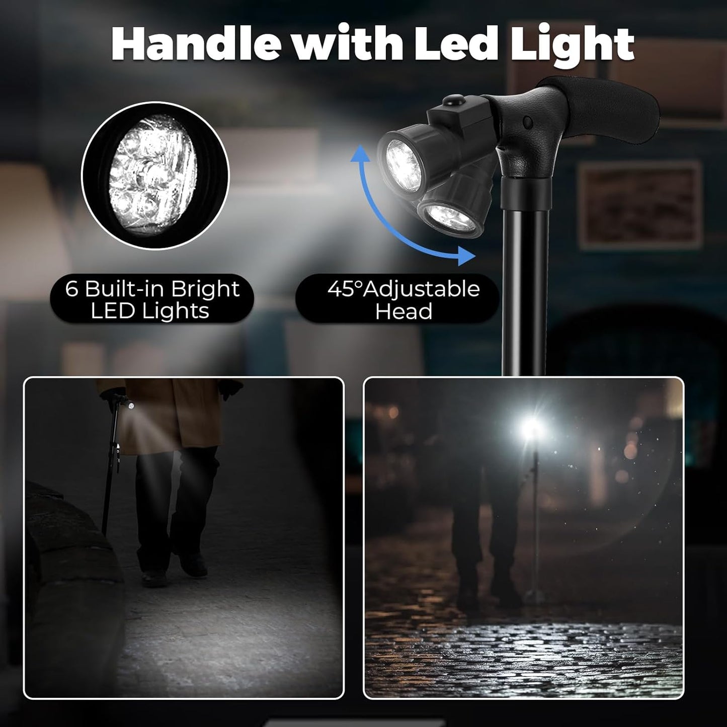 Portable Folding Walking Stick with Led Light &amp; Aluminium Handle For Adults or old Peoples Black
