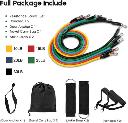 Resistance Bands Set - 11pcs Latex Pull Rope - With Door Anchor, Handles & Ankle Straps | Home & Gym Workout