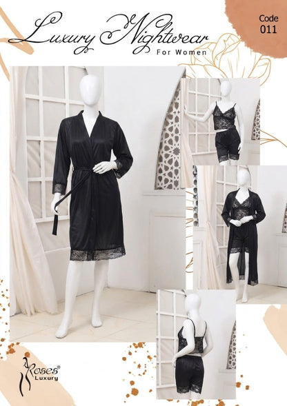 Women's Luxury Silk Nightwear Set with Black Lace – 3 Piece Robe & Slip Dress SKU R-011 Free Size