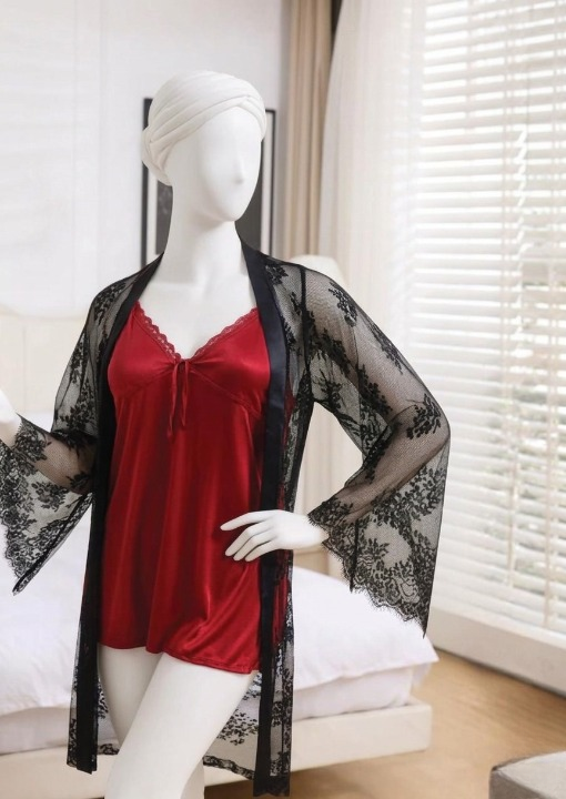 2-Piece Women's Sleepwear Set – Camisole, Shorts & Lace Gown Soft Satin Nightwear Free Size