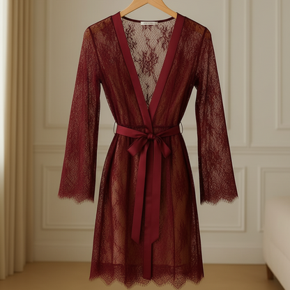 Single Pcs Women’s Net Transparent Sheer Lace Robe Gown – Long Sleeve Free-Size Nightwear With Satin Belt For Elegant And Stylish Comfort (DC-1051)