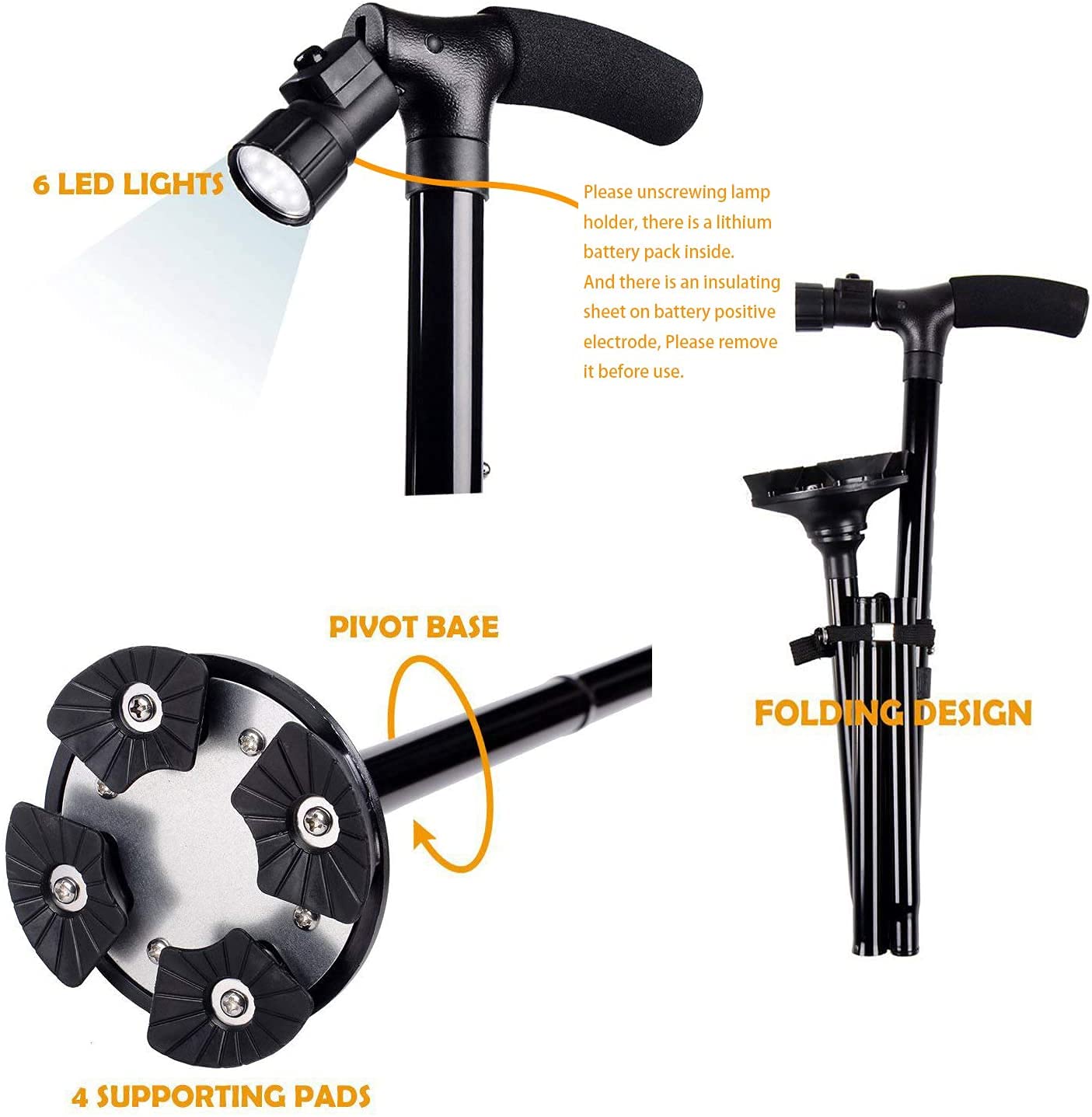 Portable Folding Walking Stick with Led Light &amp; Aluminium Handle For Adults or old Peoples Black